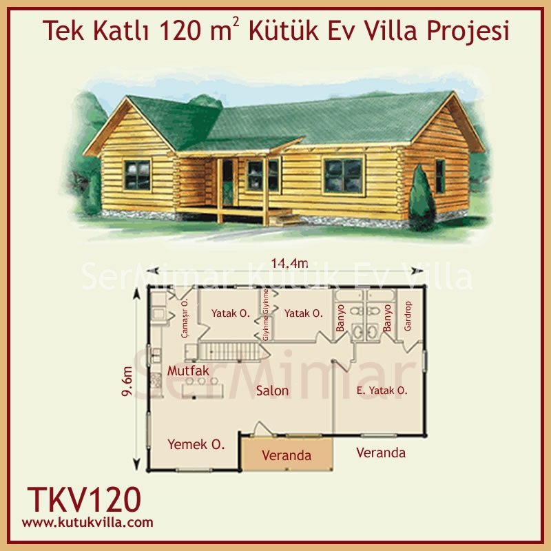 Tek Katlı 120 m2 Kütük Ev Villa Projesi