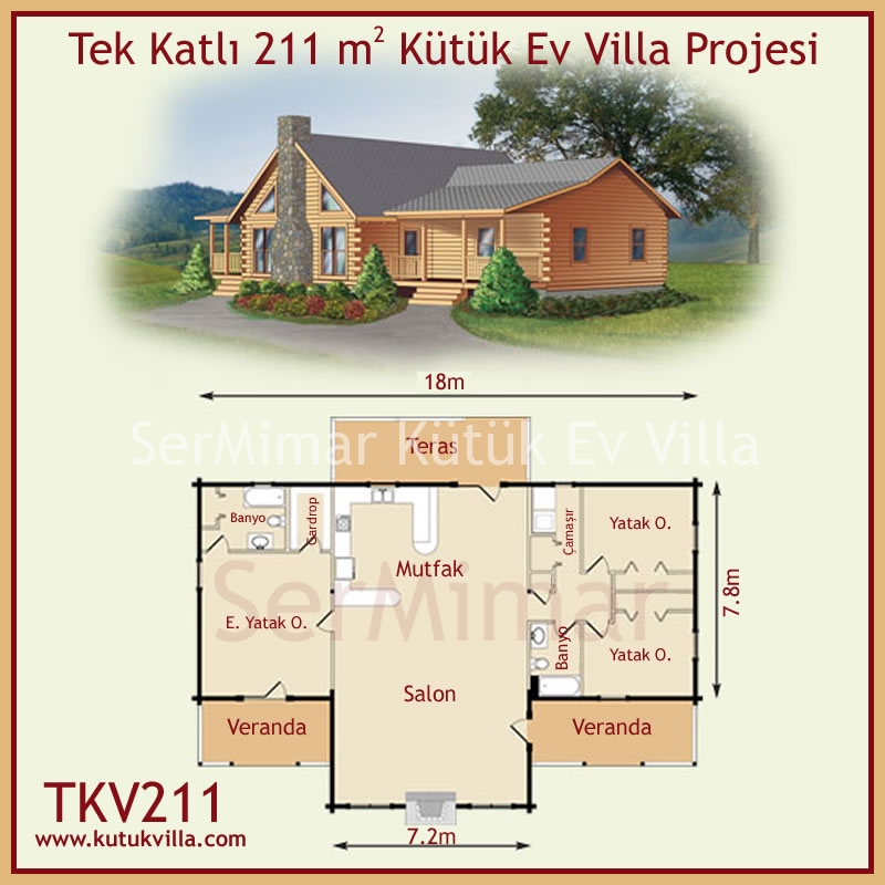 Tek Katlı 211 m2 Kütük Ev Villa Projesi Ahşap Villa